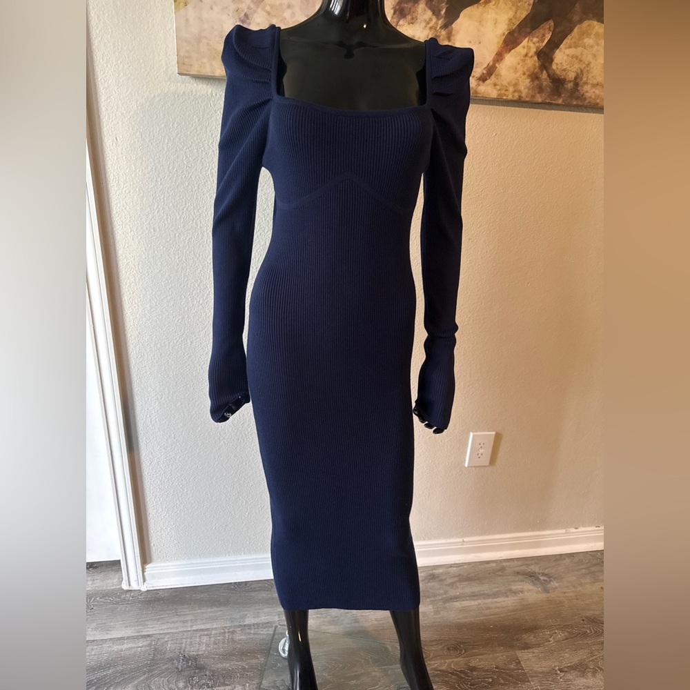 Elegant Navy Blue Ribbed Dress